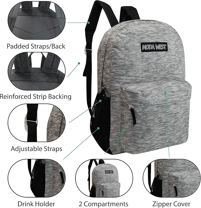 12-Pack 17” Sport Backpacks with 50 Piece School Supplies Kits - Pens, Pencils, Crayons – Bulk Bundle for Elementary, Middle, and High School Students, 12 Assorted Styles