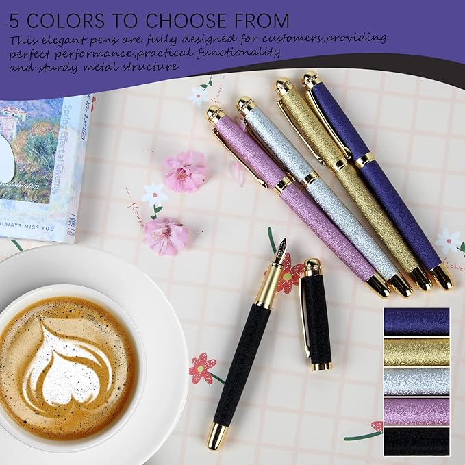 fountain pen-Multiple color styles with rhinestone,diamond inlay and frosted finish,Cute pens,Luxury pen,Office pens,Best pen set,Includes 10 Ink Cartridges and Ink Refill Converter(Gold)