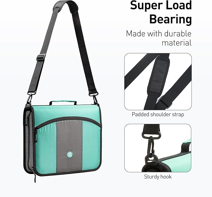 Zipper Binder 3 Ring, Round Ring Binder with 600 Sheets Capacity, Expanding Files, Handle and Shoulder Strap Included, Green