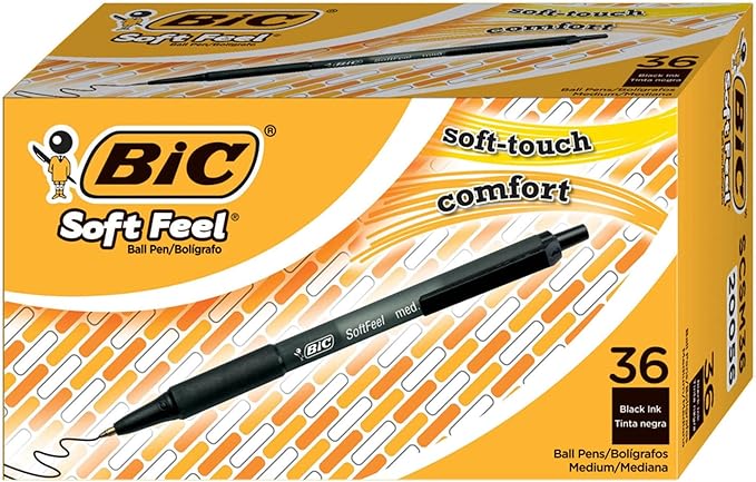 BIC Soft Feel Black Retractable Ballpoint Pens, Medium Point (1.0mm), 12-Count Pack, Black Pens With Soft-Touch Comfort Grip