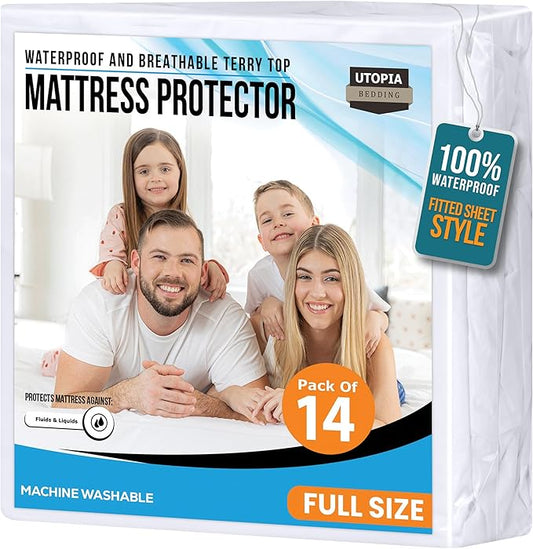 Utopia Bedding Waterproof Mattress Protector Full Size 14 Pack, Premium 200 GSM Terry Mattress Cover, Soft & Breathable Bed Cover, Fitted Sheet Style with Stretchable Deep Pockets 15" (White)
