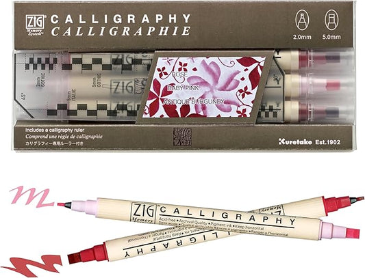Kuretake Zig Calligraphy Dual Tip Marker Pens 3 colors set, RosePink, 2mm, 5mm, Double Tip, for Art, Sketch, illustration, Calligraphy, Journal, Drawing, Made in Japan