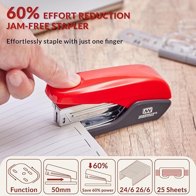 NEEWAY Effortless Stapler 25 Sheets Capacity, Jam Free, 4 in 1 Office Supplies Set with Staple Remover, 100pcs Paper Clips and 1000 Staples for Desk, Home (Red