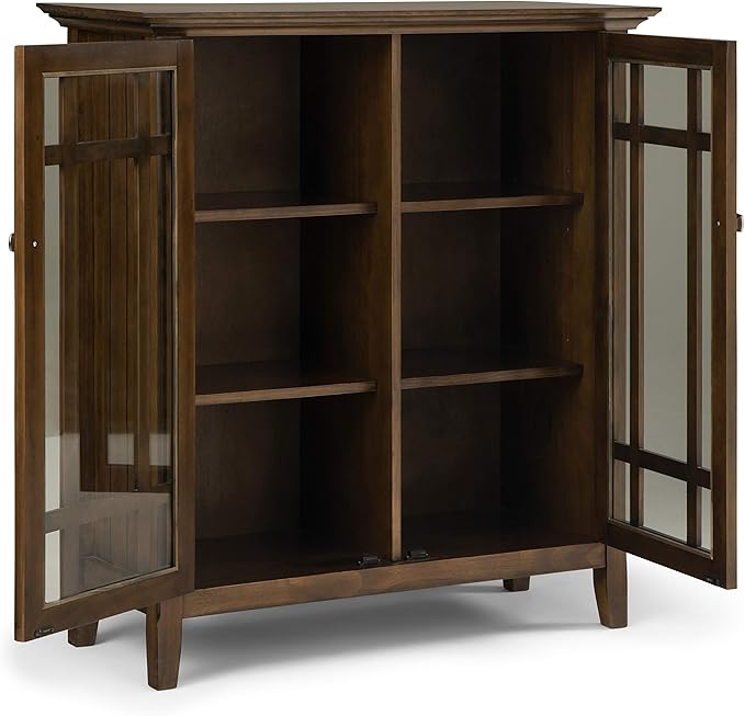 SIMPLIHOME Bedford Storage Cabinet - 39 inch Wide Solid Wood Medium Cabinet in Rustic Natural Aged Brown, Transitional Console for Living Room, Entryway, or Dining Room with Glass Doors and Shelves