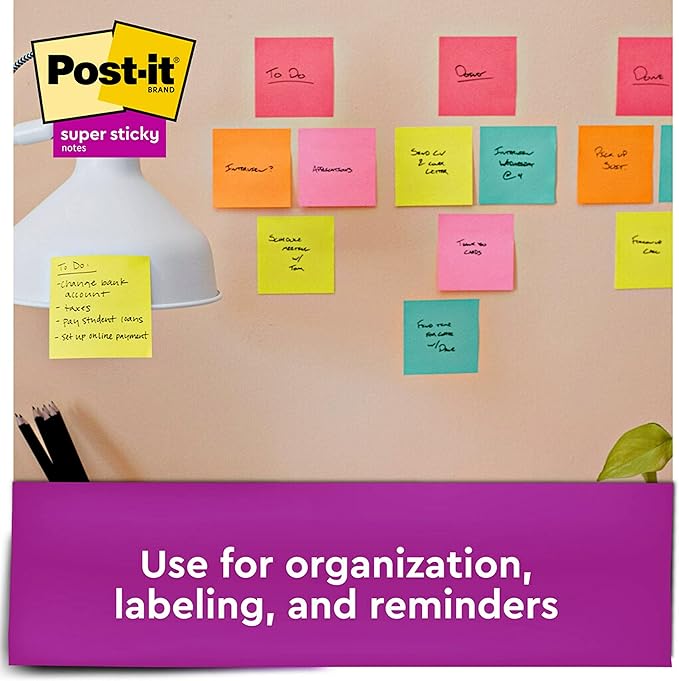 Post-it Super Sticky Notes, 3x3 in, 3 Pads, 2X The Sticking Power, Supernova Neons, Bright Colors, Recyclable (3321-SSMIA), (Pack of 48)