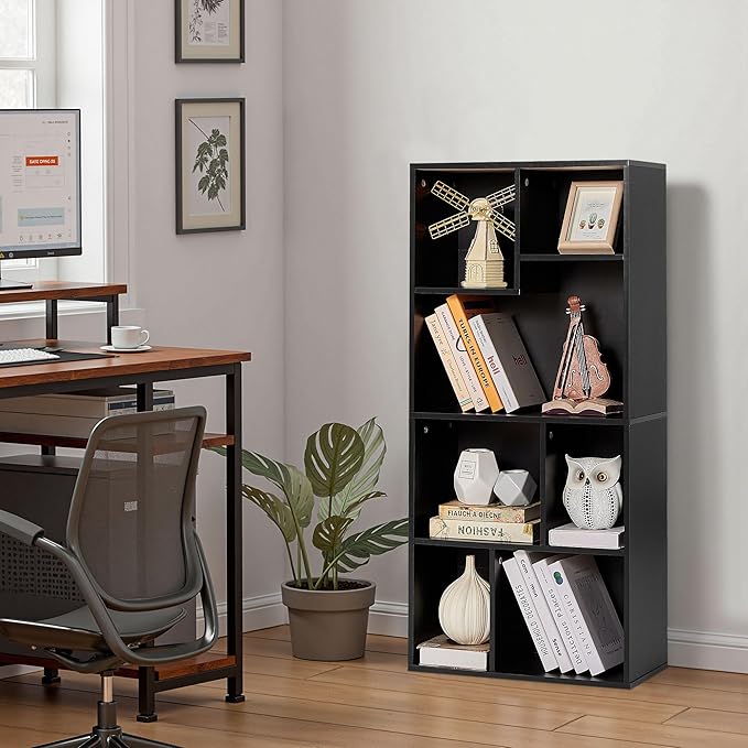 VECELO 42 Inch High Bookcase, 4-Tier Modern Storage Cabinet with Height Difference Shelves for Standard Textbooks, Floor Standing Display, 7 Cubes, Horizontal Avaiable, Easy Assembly, Black