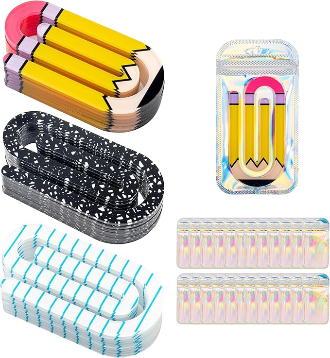 48 Pack Jumbo Acrylic Paper Clips, 4" X 2" 24Pcs Teacher Paper Clips with 24Pcs Gift Bags Personalized Paperclips Bookmark for Home Office Back to School Supplies (Pencil,Notebook,Eraser)
