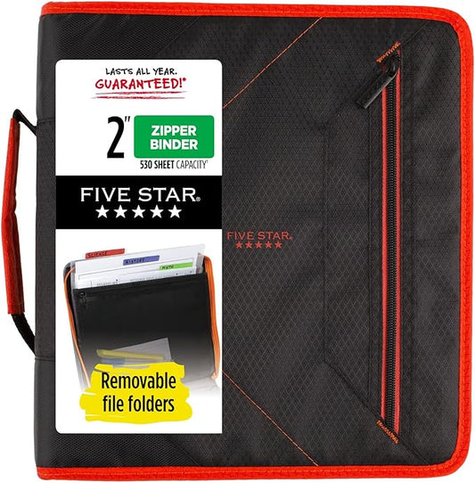 Five Star Zipper Binder, 2 Inch 3-Ring Binder with Removable File Folders, 530 Sheet Capacity, Red/Black (29036CE8)