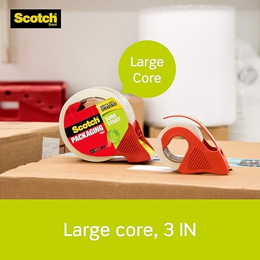 Scotch Sure Start Shipping Packaging Tape, 1.88" x 38.2 yd, Designed for Packing, Shipping and Mailing, Quiet Unwind, No Splitting or Tearing, 1.5" Core, Clear, 1 Dispensered Roll (Pack of 2)