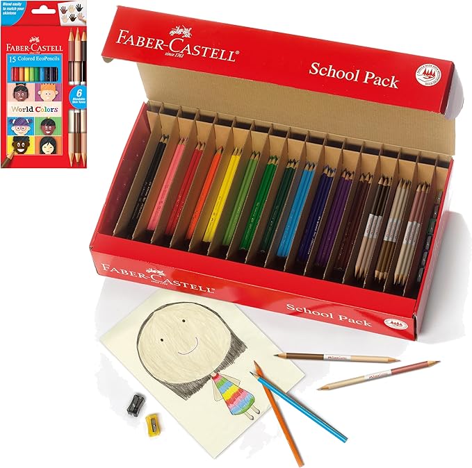 Faber-Castell World Colors Colored Pencil School Pack - Traditional & Skin Tone Colored Pencils - 300 Coloring Pencils and 12 Pencil Sharpeners