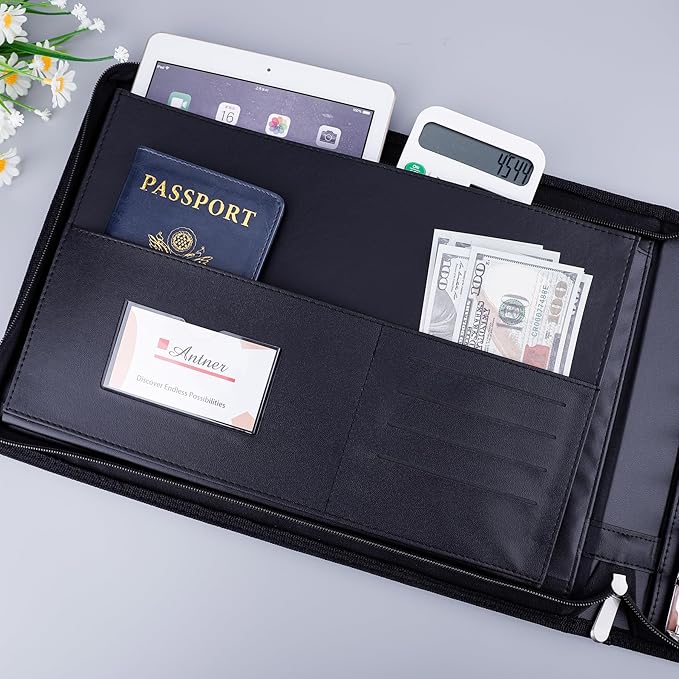 Antner Zippered 7 Ring Business Checkbook Binder Portfolio for 3-on-a-Page Business Checks, 600 Checks Capacity, PU Leather Check Book Binder Cover for 9x13 Sheets, Built-in Storage Organizer, Black