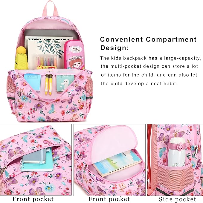 DSIUE Kids Backpack for Girls Elementary BookBags Teens Middle School Backpack with Lunch Box Butterfly Purple