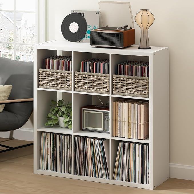 Furinno Cubicle Record Player Stand with Vinyl Storage, 9-Cube 1.2 Extra Thick Vinyl Record Storage, Open Back Media Shelf for CD DVD Blueray Game Disc, for Living Room, Home Office, White