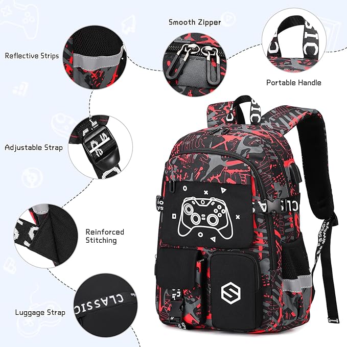 Boys Backpack, Cool Luminous Gamer School Backpacks for Boys with Kids Bento Lunch Box Lunch Bag Pencil Case, Kids Backpack Book Bags for Kindergarten Elementary Middle School