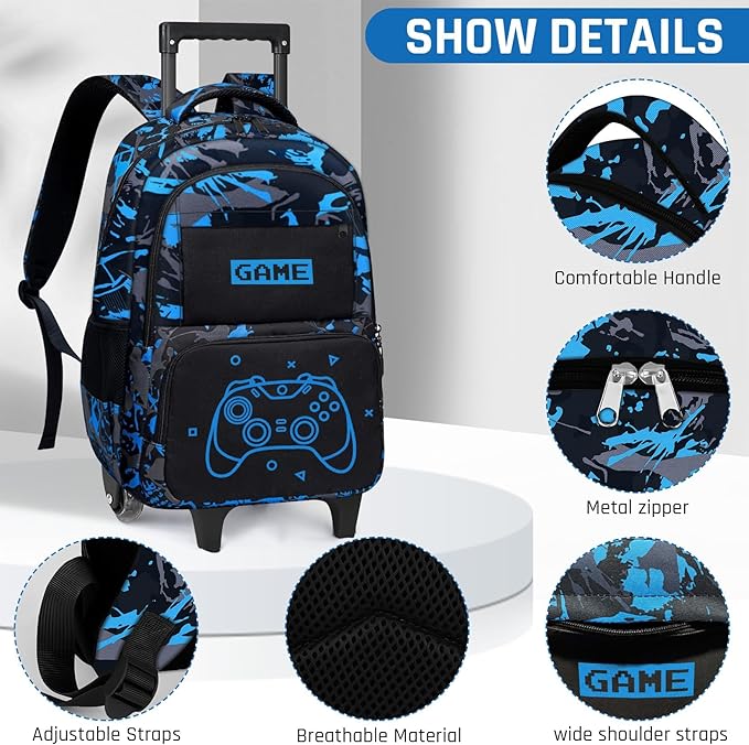 Boys Rolling Backpack for Kids - Glow in The Dark Kids Rolling Backpack with Wheels for Elementary Middle School - Gamer Roller School Bookbag Aged 6-18, Wheeled Travel Bag Large Capacity