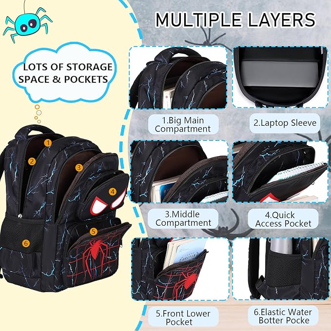 Kids Backpack Boys Spider Backpack with Lunch Box Kindergarten Elementary Middle School Toddler Bookbag for Boys Ages 4-14, Spider-Blue