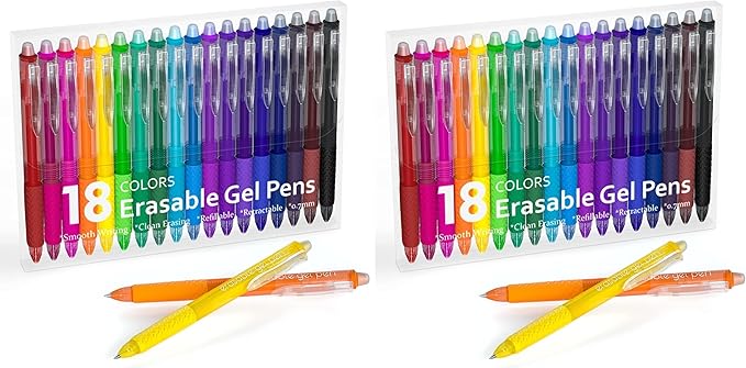 Erasable Gel Pens, 18 Colors Retractable Fine Point Erasable Pens Clicker, Assorted Color Inks, Make Mistakes Disappear for Drawing Writing Planner and Crossword Puzzles (Pack of 2)