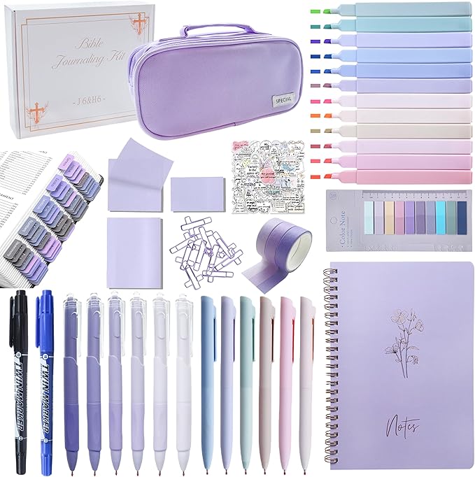 J6&H6 Complete Bible Study Supplies Journaling Kit with Tabs, Highlighters and Color Pens, Notebook,Stickers & More 56pcs Bible Accessories Set for Women, Beginner Christian Gifts(Purple)