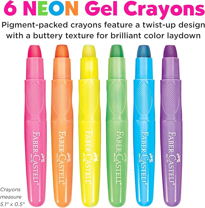 Faber-Castell Neon Gel Crayons: 6 Jumbo Drawing Sticks in a Durable Storage Case: Toddler Art Supplies for Coloring, Twistable Crayons for Kids Drawing Supplies (Ages 3+)