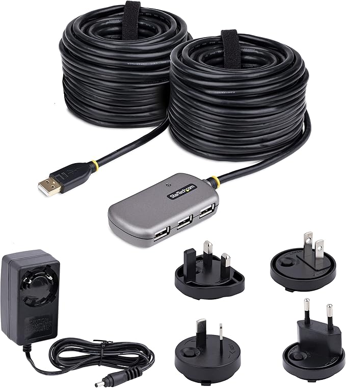 StarTech.com USB Extender Hub, 24m USB 2.0 Extension Cable with 4-Port USB-A Hub, Active/Bus Powered USB Repeater Cable, Optional 10W Power Supply Incl., Level 4 ESD Protection, TAA