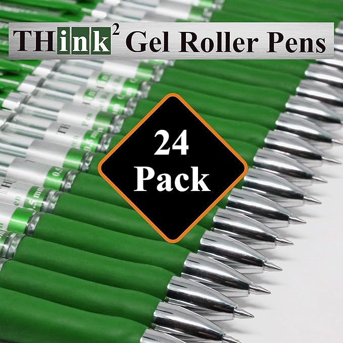 [24 Pens - Green Ink] Think2 Retractable Gel Pens. (24 Green) Fine Point (0.5mm) Rollerball Pens with Comfort Grip.