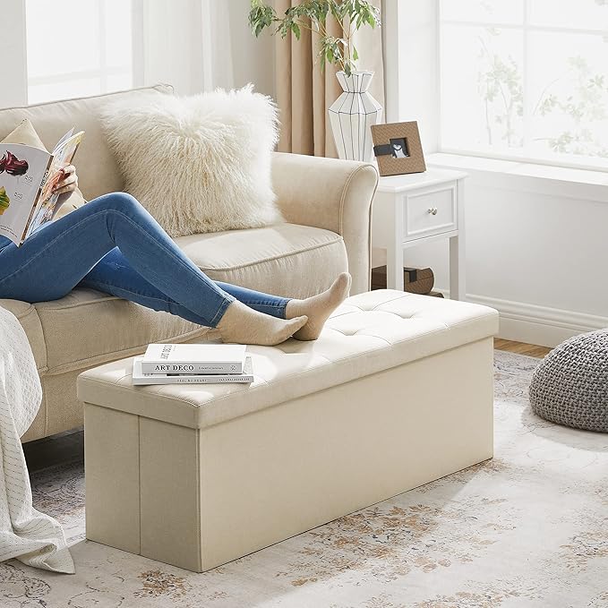 SONGMICS 43 Inches Folding Storage Ottoman Bench, Set of 2, Storage Chest, Foot Rest Stool, Bedroom Bench with Storage, Beige, ULSF429W02