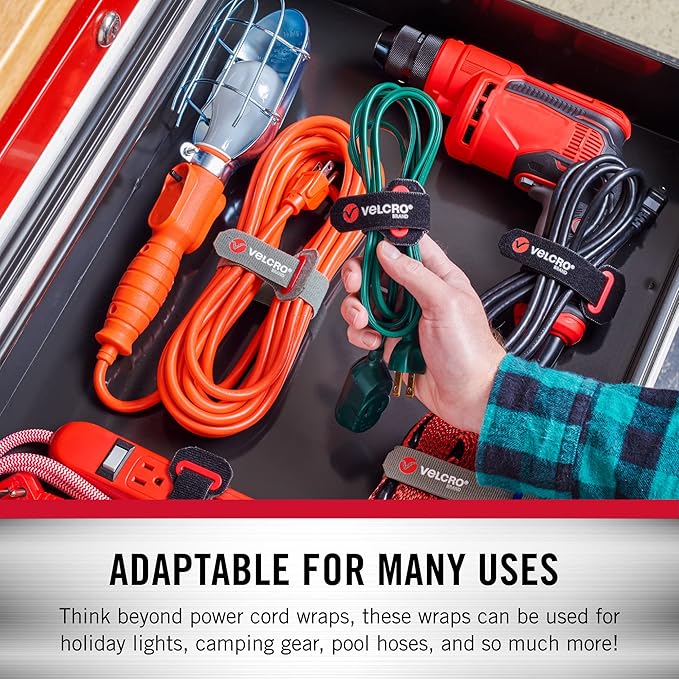 VELCRO Brand Power Cord Wraps | 24 Inch Extra Long Heavy Duty Straps for Extension Cords, Hoses, Garage Organization | 2-pack | Reinforced Head with Slotted Grommet | Black and Gray