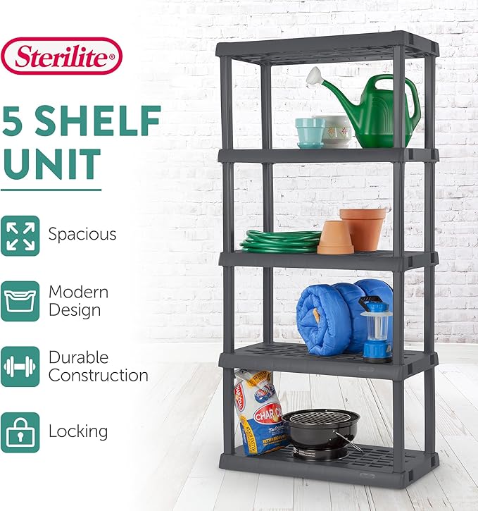 Sterilite 5 Shelf Plastic Storage Unit Bundled with Easy to Assemble Storage Cabinet for Garage, Pantry & Kitchen Organization, 4 Shelves, Gray