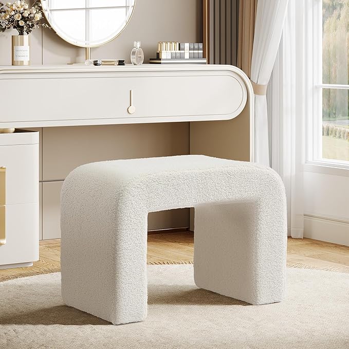 Tribesigns Foot Stool for Couch, Modern Boucle Vanity Stool Chair, Large Faux Sherpa Ottoman Foot Rest, Arched Shoe Bench or Entryway, Upholstered Extra Seating for Living Room, Fully Assembled, White