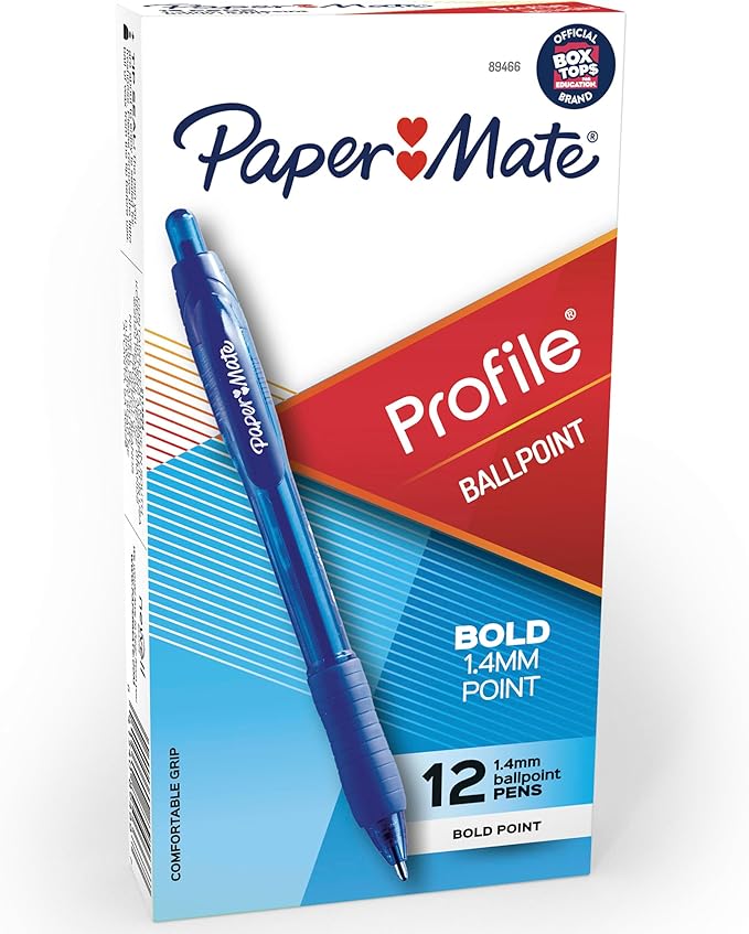 Paper Mate Profile Retractable Ballpoint Pens, Bold Point (1.4mm), Blue, 12 Count