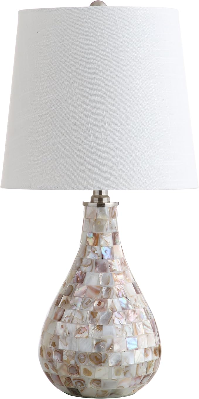 JONATHAN Y 20.5" Seashell Coastal Mini LED Table Lamp for Living Room Office, White Linen Drum Shade, Modern Mother of Pearl Bedside Nightstand Lamp, LED Bulb Included JYL1024A