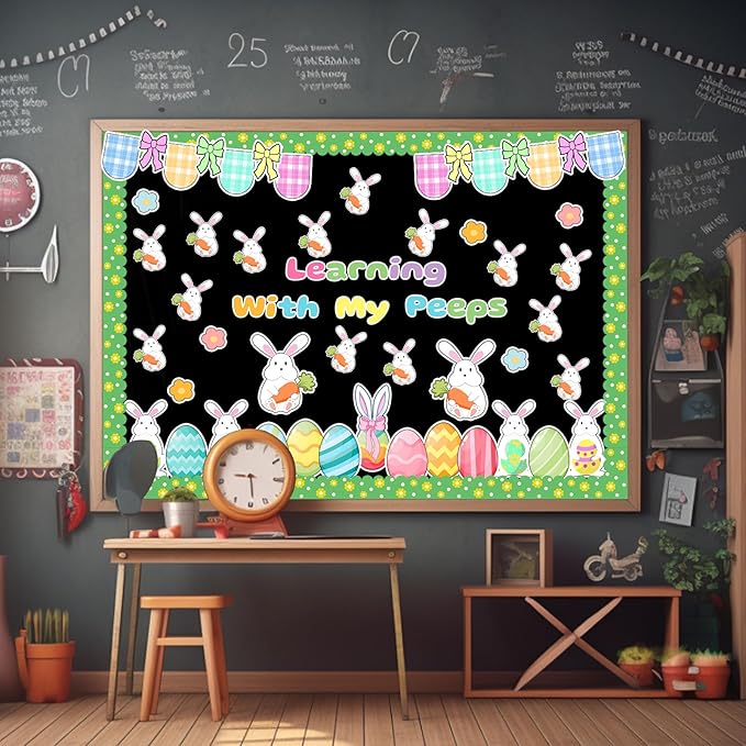 Auch Easter Bulletin Board Decorations Set - 79 Pcs Spring Classroom Decor with Bunnies & Easter Eggs, “Learning with My Peeps” Bulletin Board Kit for School Classroom Daycare Preschool