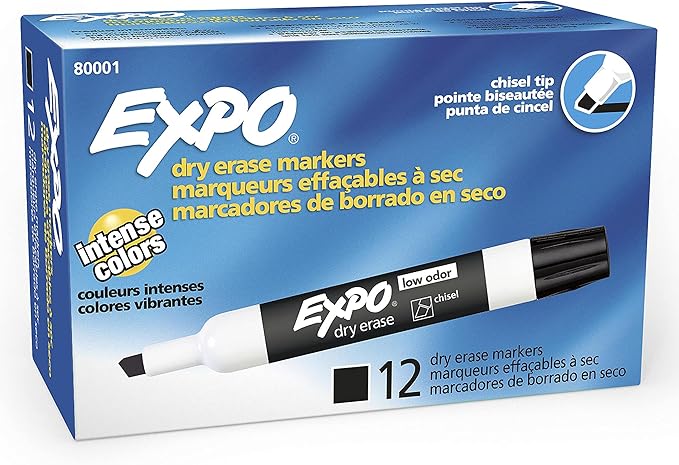 EXPO Dry Erase Markers,Low Odor Ink,Black,Chisel Tip,- Whiteboard,Calendar,Organization,Essential Supplies for Office,School,Classroom,Teachers,(Pack of 144)