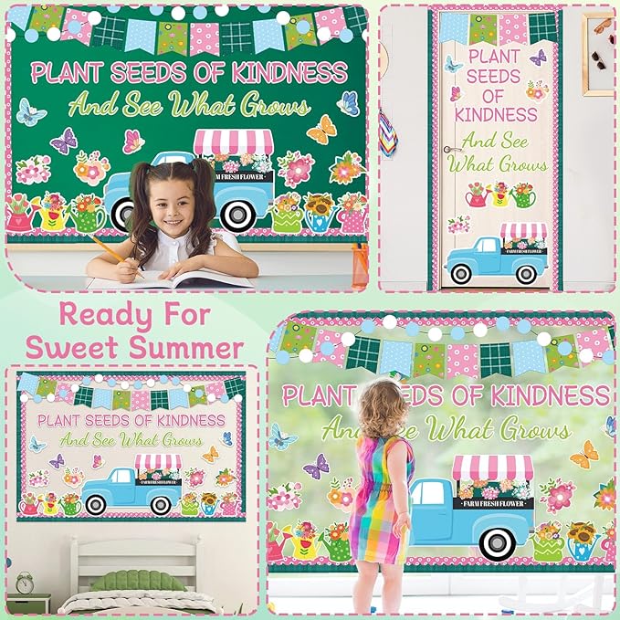 Spring Bulletin Board for Classroom Decoration Plant Kindness Spring Truck Flower Bulletin Board Set Floral Butterfly Cutouts for Back to School Office Chalkboard Wall Teacher Decor