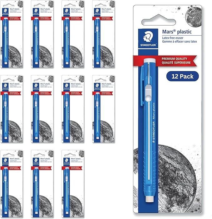 STAEDTLER 12-Pack Mars Plastic Eraser Pen with Refillable Holder, German-Made Eraser for Pencils, Smudge-Free & Tear-Free Precision, Retractable Design with Clip, Blue, 12 Count