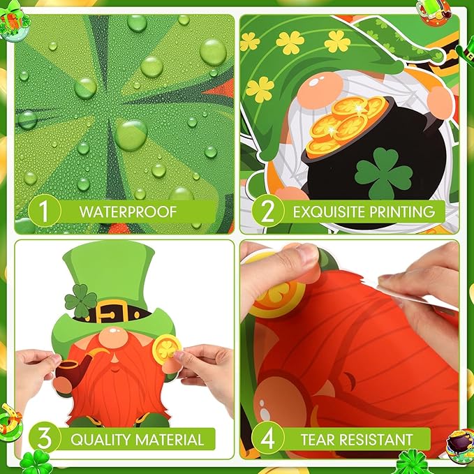 Pasimy St. Patrick's Day Bulletin Board Decorations Set Shamrocks Gold Coin 3D Rainbow Paper Cutouts Lucky Clover Bulletin Board Borders for Green Irish Holiday School Home Wall Decor(Gnome)