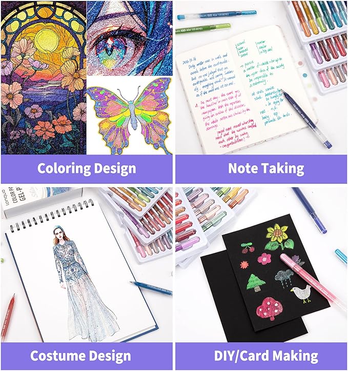 Glitter Gel Pens, 36 Pack Glitter Pens For Adults Coloring Books, 1.0mm Point Colored Pens, Large Capacity Ink Pens for Coloring, Writing, Drawing, Journaling, Note Taking, Office, Home