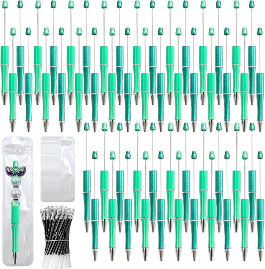 300 Pieces DIY Beadable Pen Kit – 100 Plastic Ballpoint Pens with Refills & Bags – School Supplies, Office Accessories & Decorative Items for Students & Teachers (Cyan)