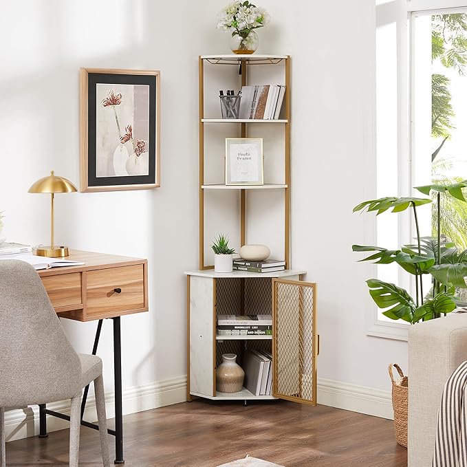 VECELO Corner Cabinet, Tall Storage Shelf, Bookshelf Display Shelves Rack for Living Room, Kitchen, Balcony, Small Space