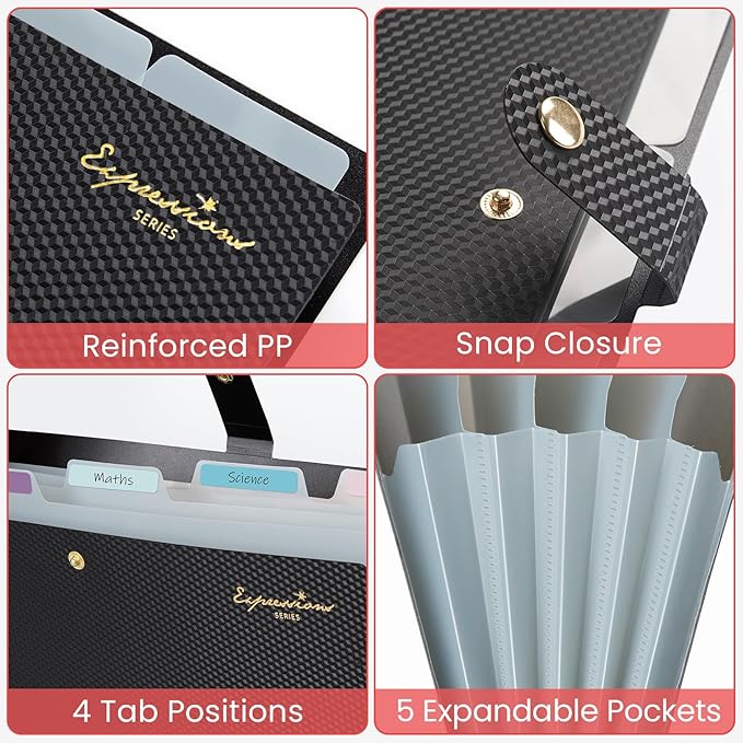 Sooez Accordion File Organizer, Letter Size Expanding File Folder with Labels, 5 Pocket Folders for Document, Portable Paper Bill Receipt Organizer for Home School Office Supplies, A4 Size, Navy Blue