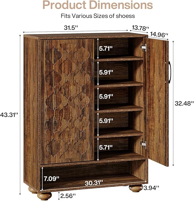 Tribesigns Shoe Cabinet with Doors, 6-Tier Shoe Rack with Solid Wood Feet and Adjustable Shelves, 43.3" Tall Storage Cabinet for Entryway, Hallway, Bedroom (Walnut)
