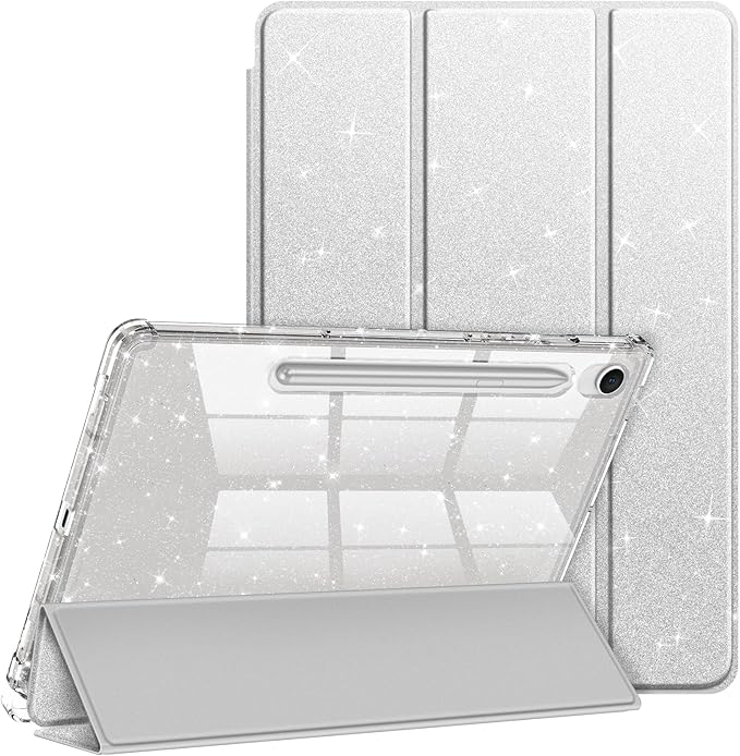 Fintie Slim Case for Samsung Galaxy Tab S10 Lite/ S10 FE/ S9 FE 5G 10.9 Inch/Tab S9 11 Inch with S Pen Holder, Glittering Sparkly Shockproof Cover with Shiny Clear Back Shell, Auto Wake/Sleep, Silver