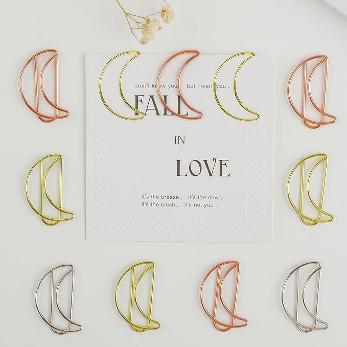 30 Pcs Moon Shaped Paper Clips Set in Gold & Rose Gold, Metal Cute Paperclips Bookmarks Planner for Office and School File Organization, Party and Wedding Decor