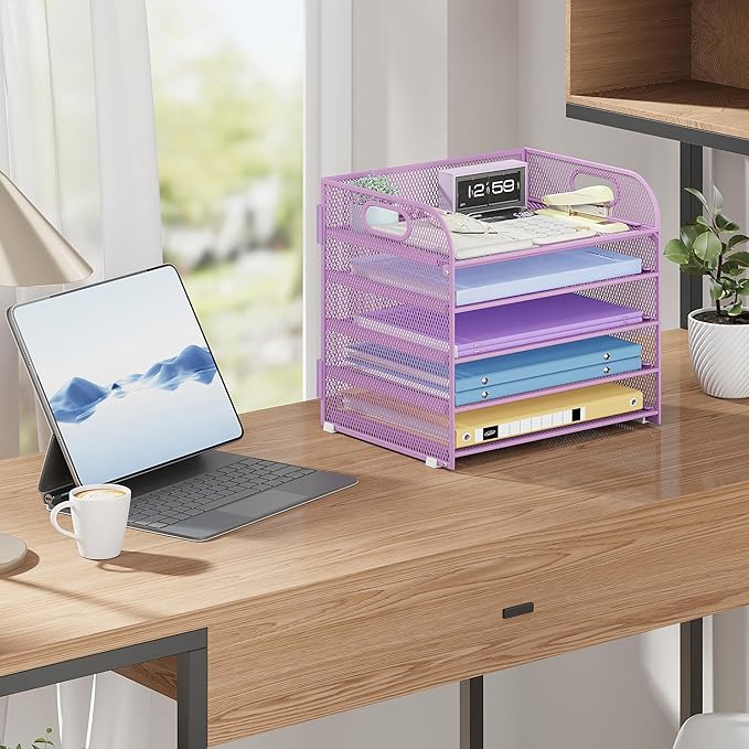 5 Tier Paper Organizer with Handle, Metal Mesh Desk Organizer File Folder Paper Letter Tray Desktop Document Sorter for Classroom, School, Office Accessories Organization and Storage - Purple