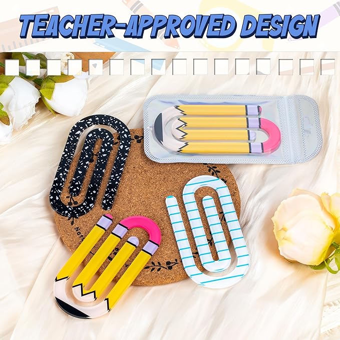 48 Pack Jumbo Acrylic Paper Clips, 4" X 2" 24Pcs Teacher Paper Clips with 24Pcs Gift Bags Personalized Paperclips Bookmark for Home Office Back to School Supplies (Pencil,Notebook,Eraser)
