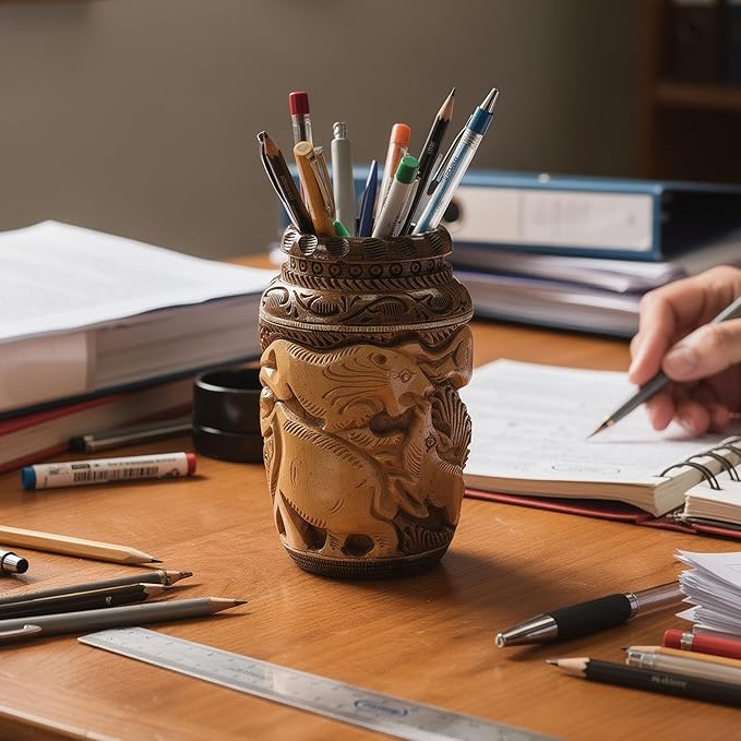 Craft Trade Hand Carved Wood Pen Holder for Desk Organizer for Home School Office Supplies Pencil Cup Pot Storage Box Suitable for Stationery - Vintage Wood