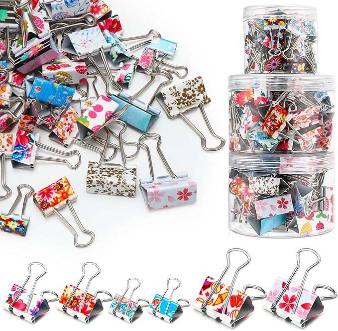 Cholemy 112 Pcs Cute Binder Clips With Box - 3 Sizes Floral Office Supplies Colored Large Medium Small Assorted Size Metal Decorative Paper Clips for Office School, 0.75 Inch, 0.98 Inch, 1.26 Inch