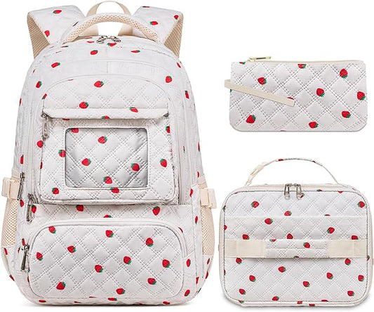 Beige Strawberry Backpack with Lunch Box for Girls Teens Kids for Age 6-8 8-10 10-12 Kawaii School Bag for Middle High School Primary Elementary Bookbag Mochila Para Niñas