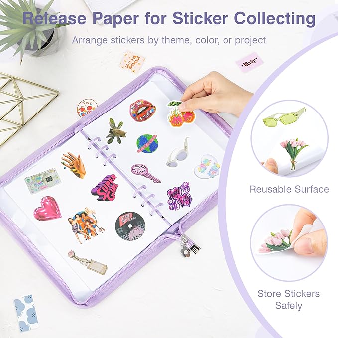 Ospelelf Sticker Organizer Binder Stickers Storage Book, Includes Transparent Pockets, Release Paper, Essential for Scrapbook Planner Enthusiasts, Purple