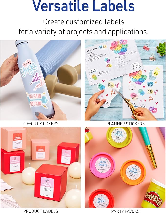 Avery Printable Sticker Paper, 8.5" x 11", Matte White, Repositionable Adhesive, Laser/Inkjet Compatible, 90 Full-Size Label Sheets, Great for Product Labels, Cute Stickers, and More (6-Pack of 3383)